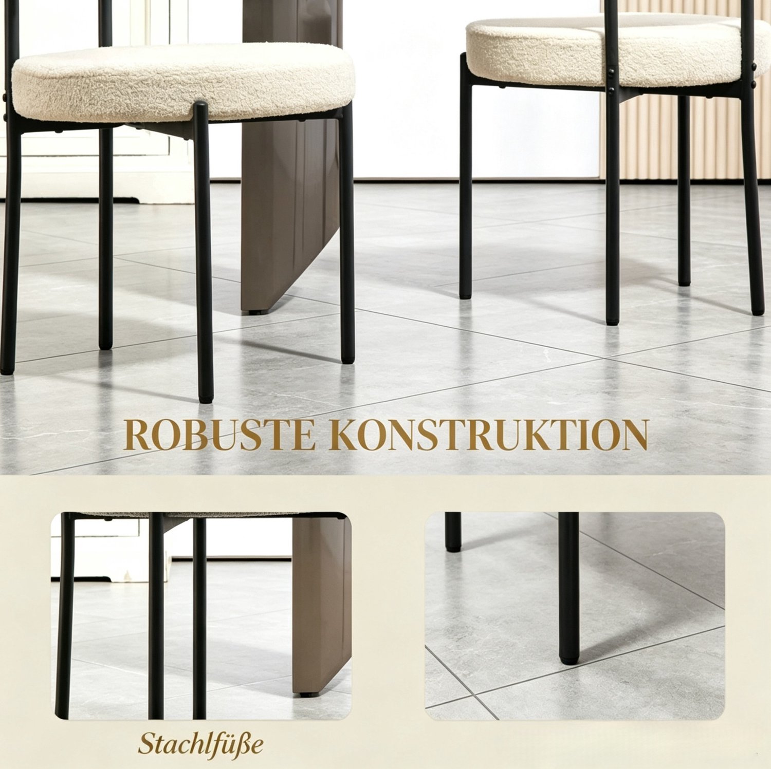 MODENUIT Eetkamerstoelen - Set van 2 met Stoffen Bekleding - Voor Eettafel - Staal - Beige - 51x51x76 cm