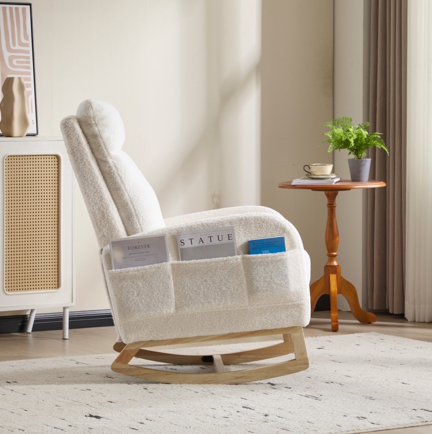 DESMIU Schommelstoel 75 x 63 x 104 cm - Hoge Rugleuning Met Voetsteun En Zijvak - Voor Baby- En Woonkamer - Teddy Stof Wit