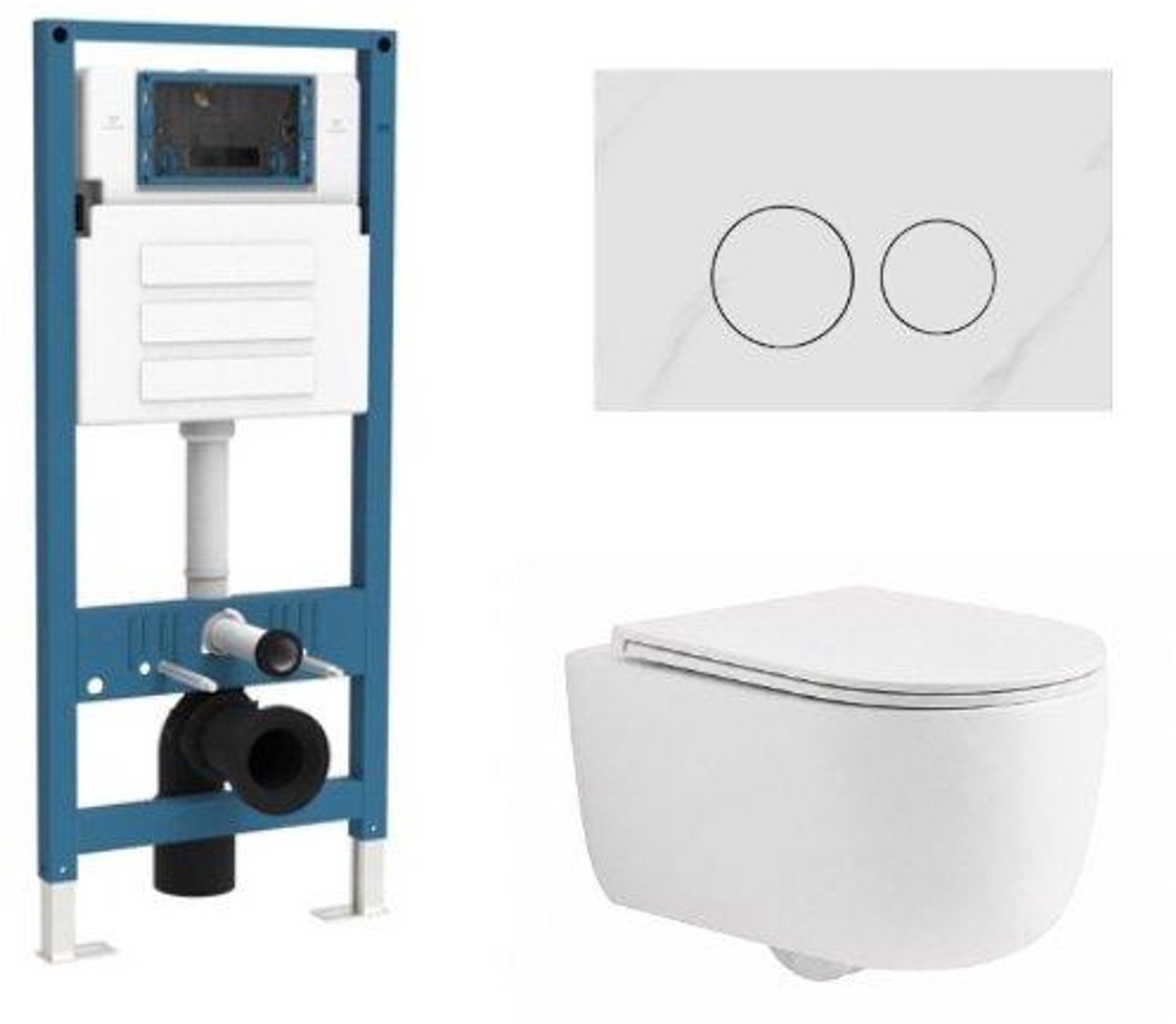 QeramiQ Dely Swirl Toiletset - inbouwreservoir Qeramiq Flush - slim zitting - natuursteen wit marmeren bedieningsplaat - ronde knoppen - mat wit