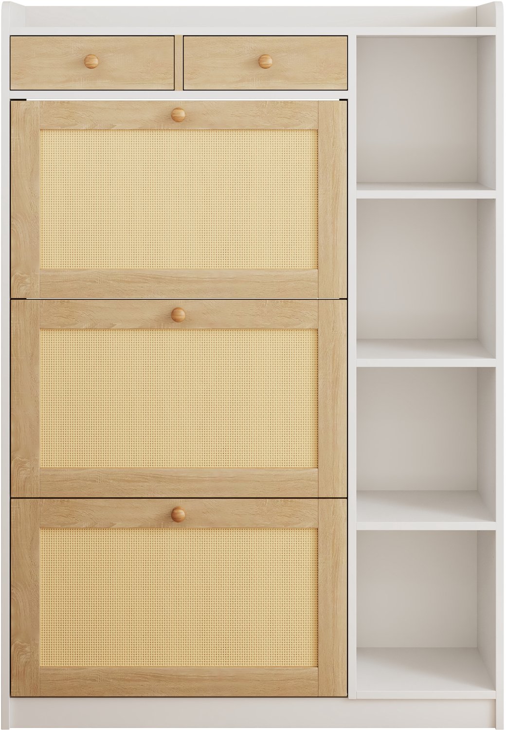 SONNENH Schoenenkast met 3 kleppen, 2 lades en 4 open vakken - Wit/naturel - 90 x 24 x 130 cm