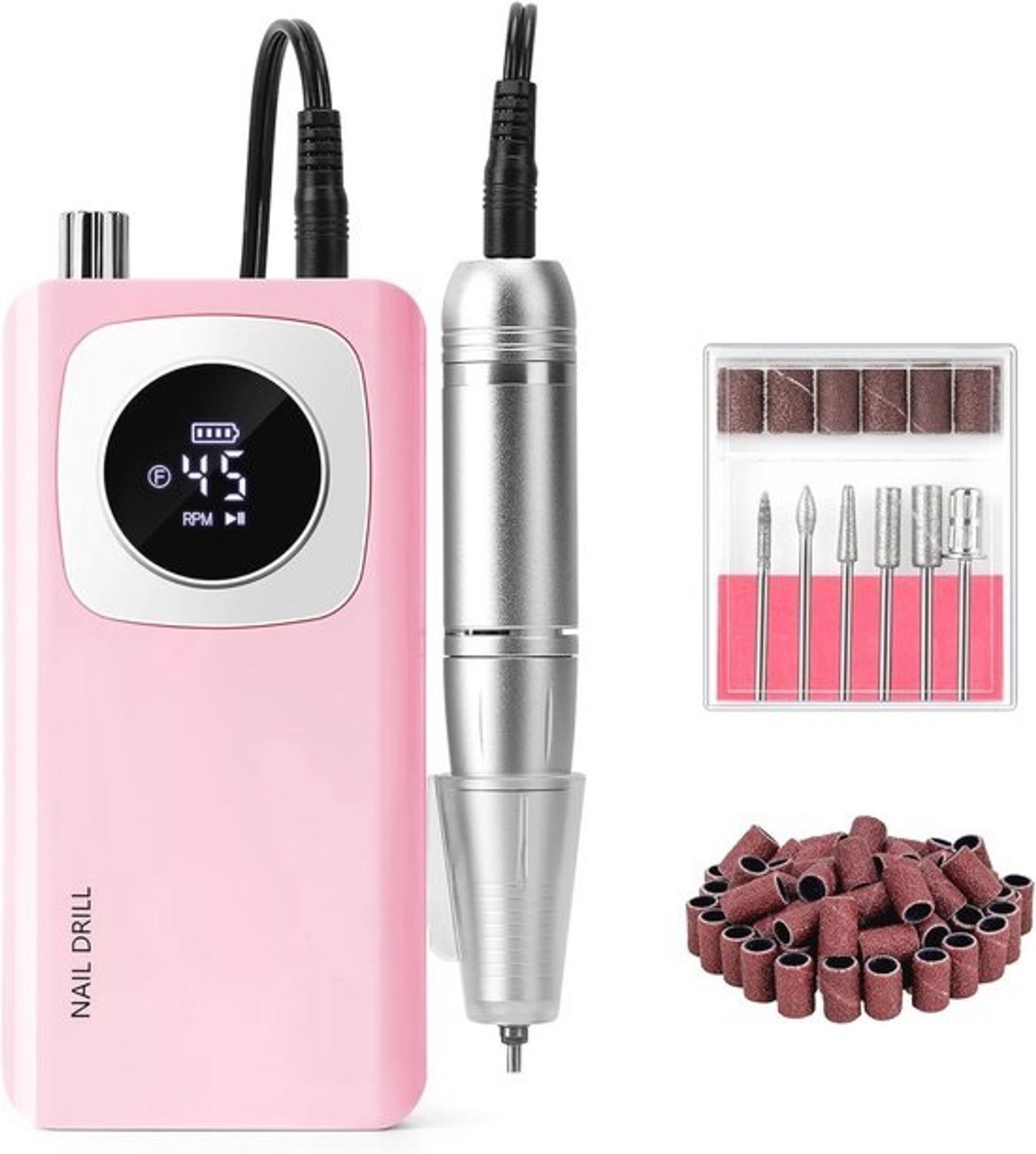 Madenia professionele nagelfrees voor gelnagels, 45000 omw/min - Draadloos met lcd-display - Draagbare elektrische nagelvijl, roze