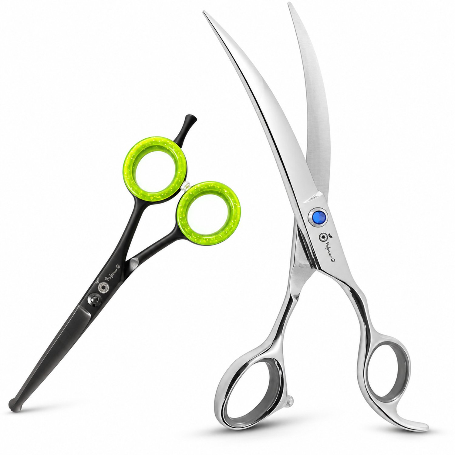 Professor Q Hondentrimset - Gebogen Trimschaar 8 inch Zilver - Potenschaar Zwart/Groen - 2-delig