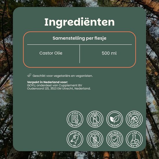 Informatie over ingrediënten voor 500ml GOYU Castor olie, inclusief veganistische en lab-geteste iconen.