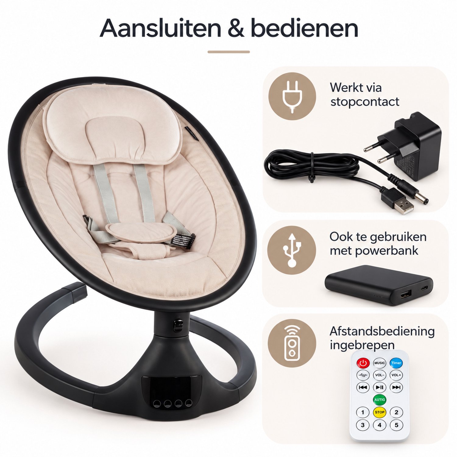 X Adventure Rocco Elektrische Wipstoel Baby – Babyschommel & Baby Swing – Bluetooth & Afstandsbediening – Beige – foto 2