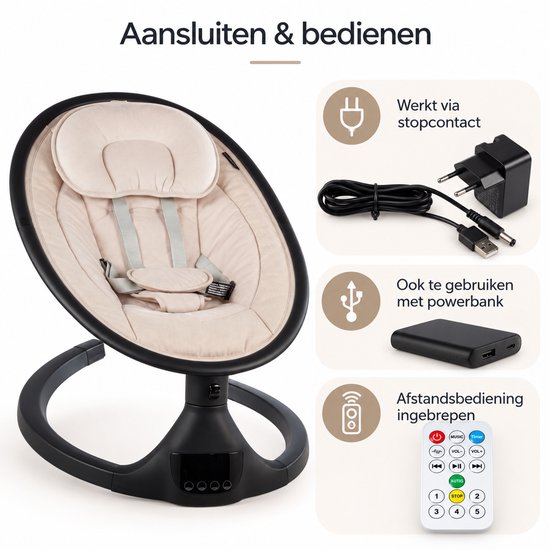 Zwarte wipstoel met beige zitting, inclusief stroomadapter, powerbank-optie en afstandsbediening.