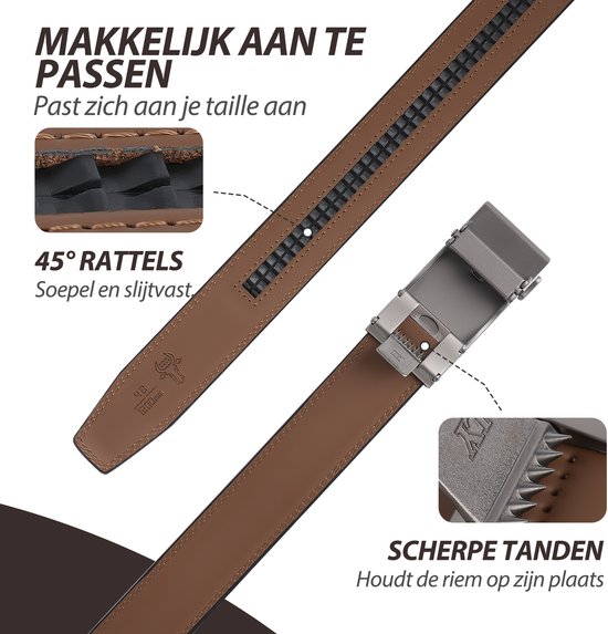 Bruine lederen riem met 45 graden ratelsysteem en metalen gesp met scherpe tanden voor een stevige grip.