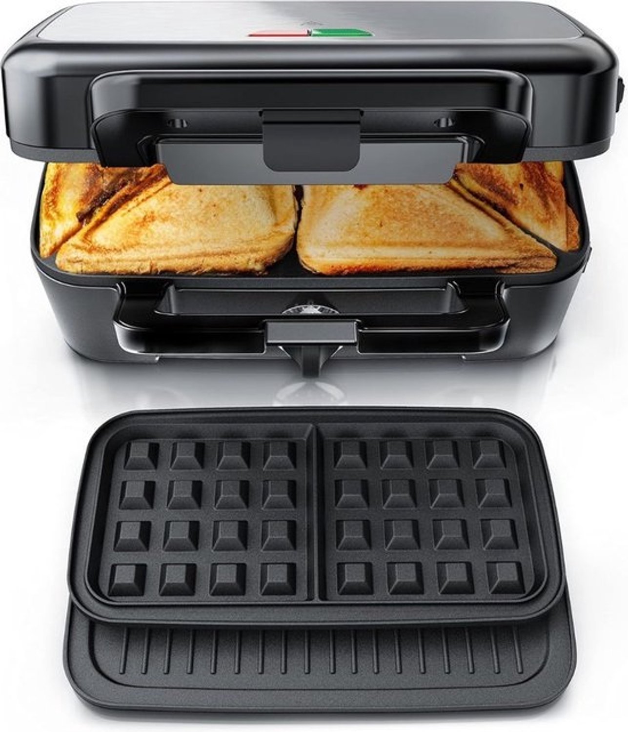 White-Label® Wafelijzer met verwisselbare platen - Contactgrill - Tostiapparaat - Zwart en zilver