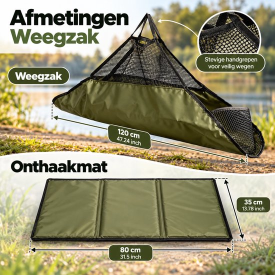 Technische tekening van 120cm weegzak en 80x35cm onthaakmat in olijfgroen.