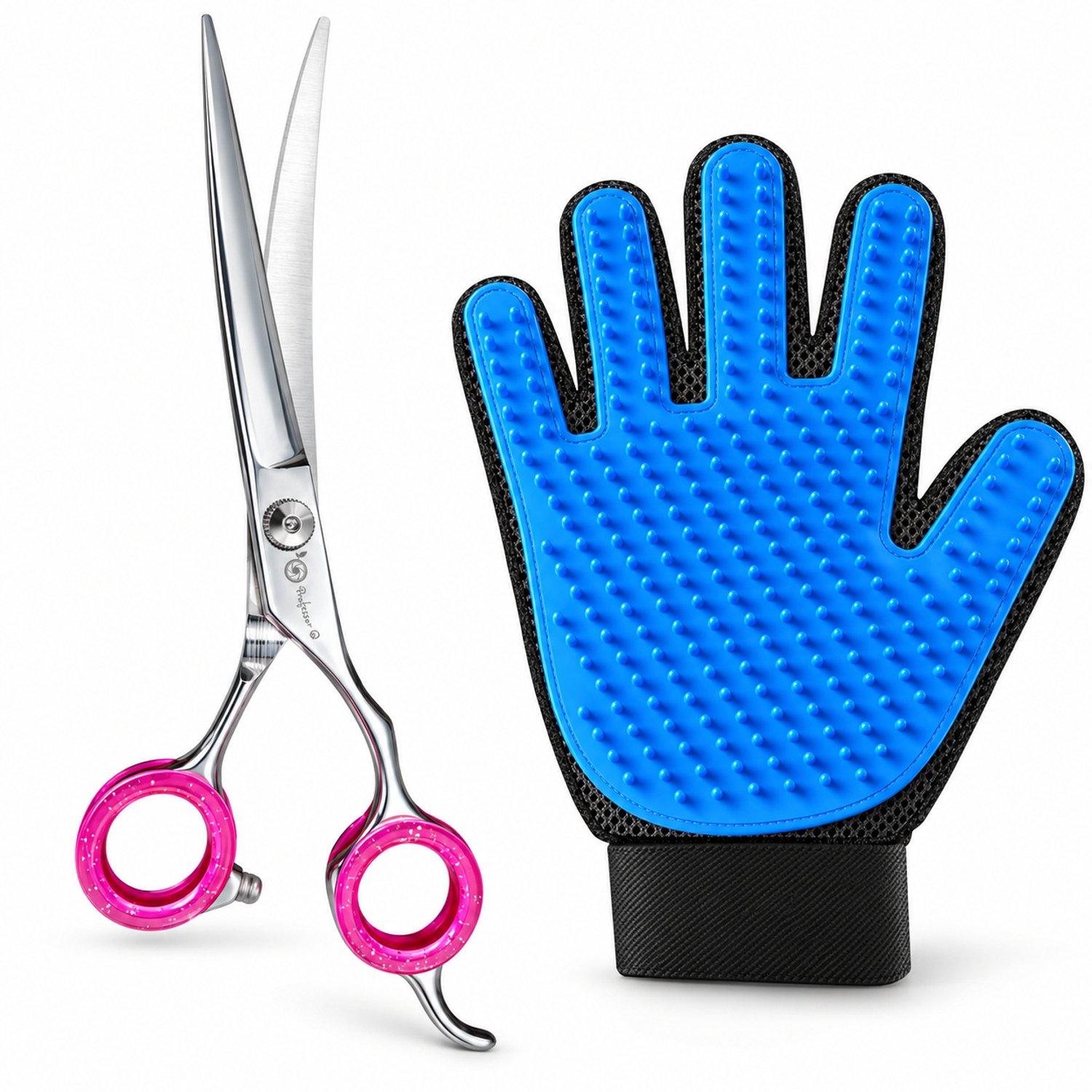 Professor Q Hondentrimset - Omhoog Gebogen Trimschaar 7,5 inch Roze - Vachthandschoen Blauw - 2-delig