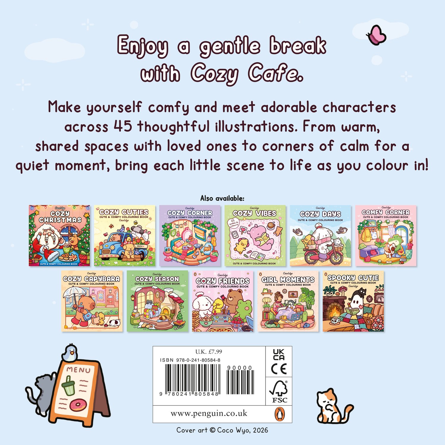 Achterkant van het kleurboek Cozy Cafe met 45 illustraties, inclusief covers van andere delen en een barcode.