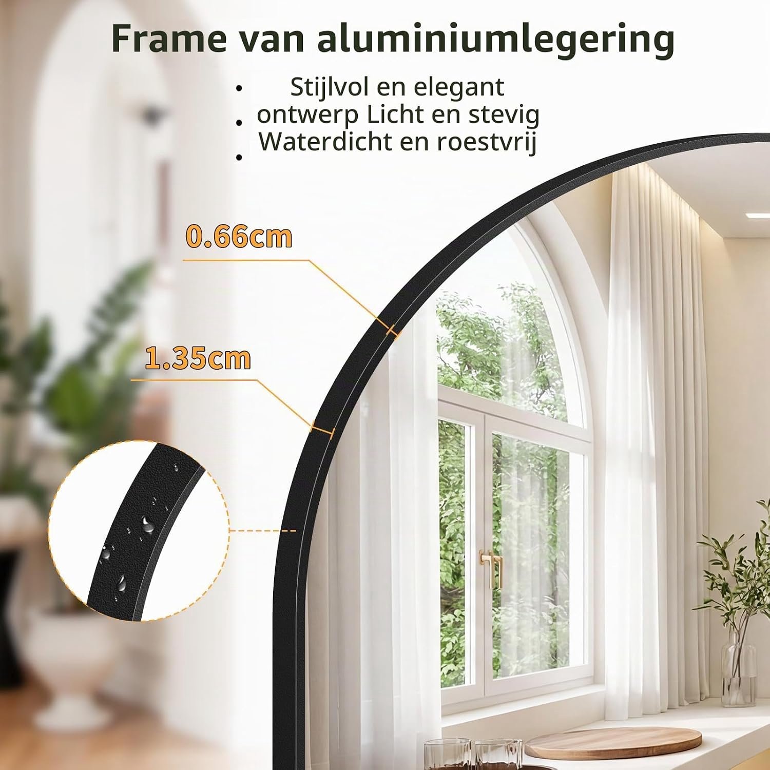 Volledige Lengte Boogspiegel 180 x 76 cm – Grote Staande Spiegel met Zwart Aluminium Frame