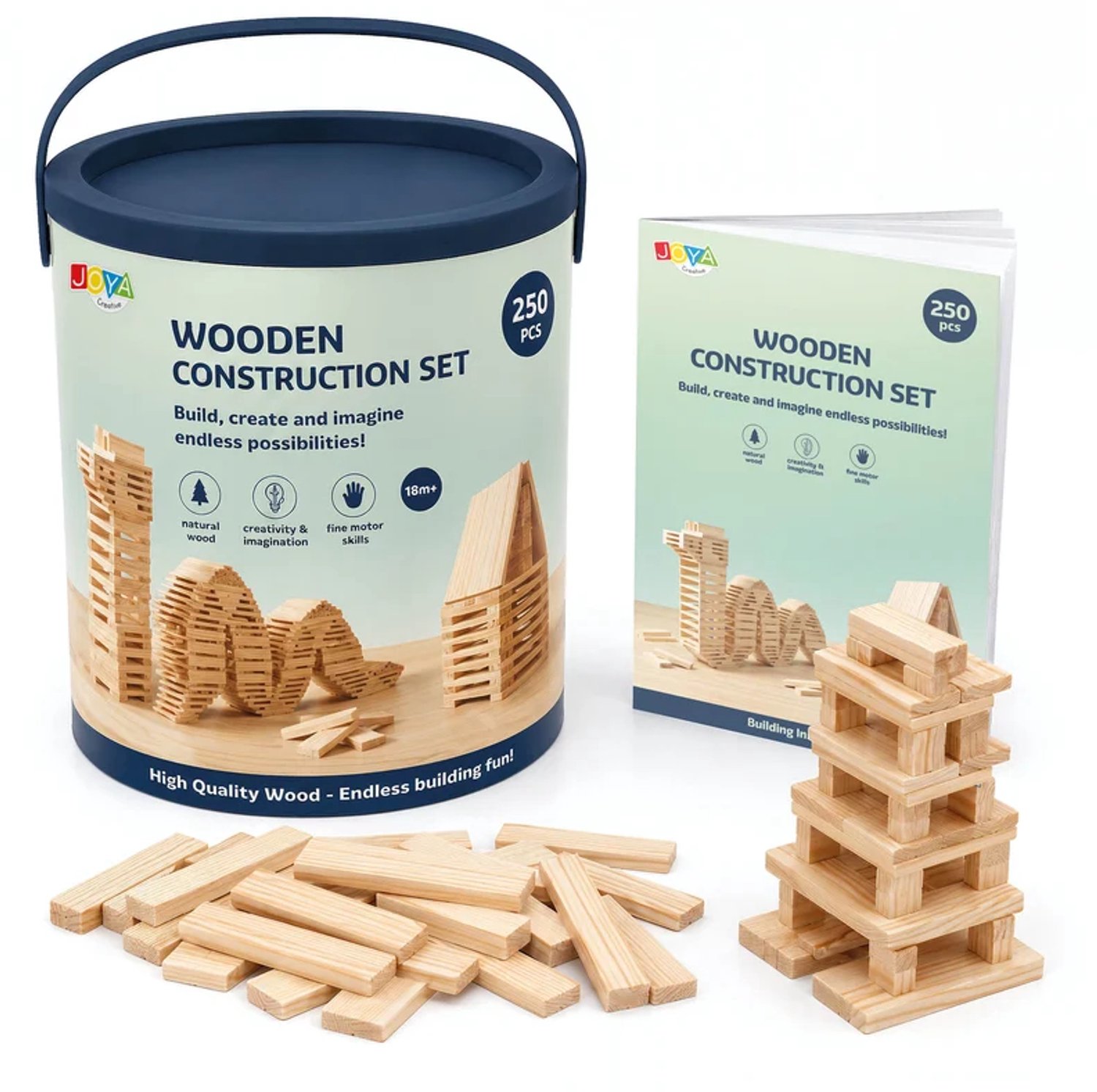 Joya Creative Houten Constructiespeelgoed 250pcs - Bouwset Kinderen en Volwassenen - Houtblokken Bouwspeelgoed in Opbergton - Inclusief Inspiratieboek