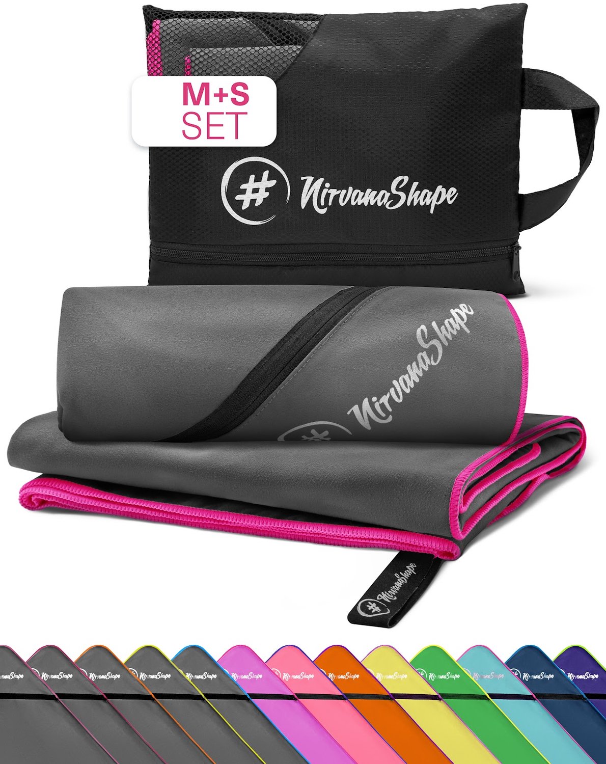 NirvanaShape - microvezel handdoek - strandlaken en badlaken - sneldrogend en absorberend - sporthanddoek met slimme hoekzak - set van 2: 120 x 60 cm + 60 x 40 cm - Grijs / Roze Rand