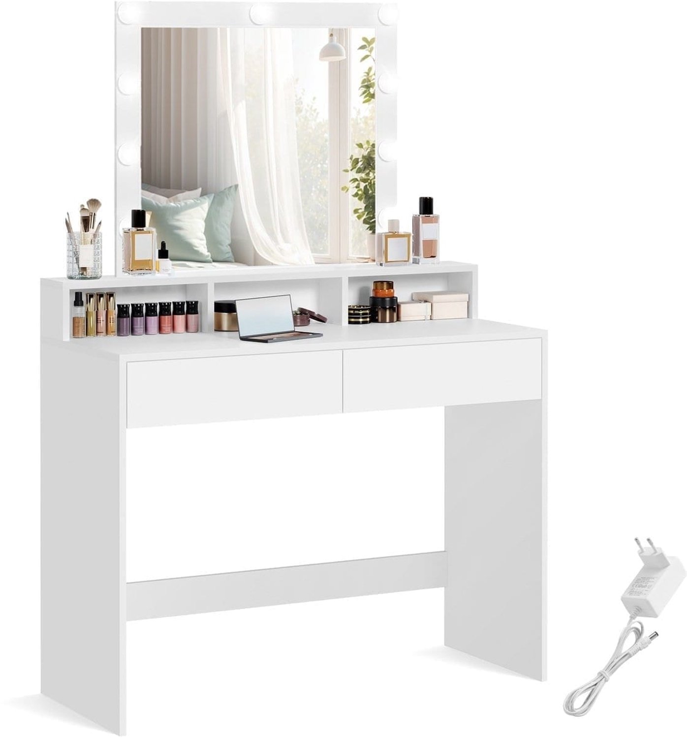Klarven Kaptafel Wit - Kaptafel zonder Spiegel - Dressing Table - Make-up Tafel - LED Verlichting, Verstelbare Helderheid - 2 Lades en 3 Open Vakken