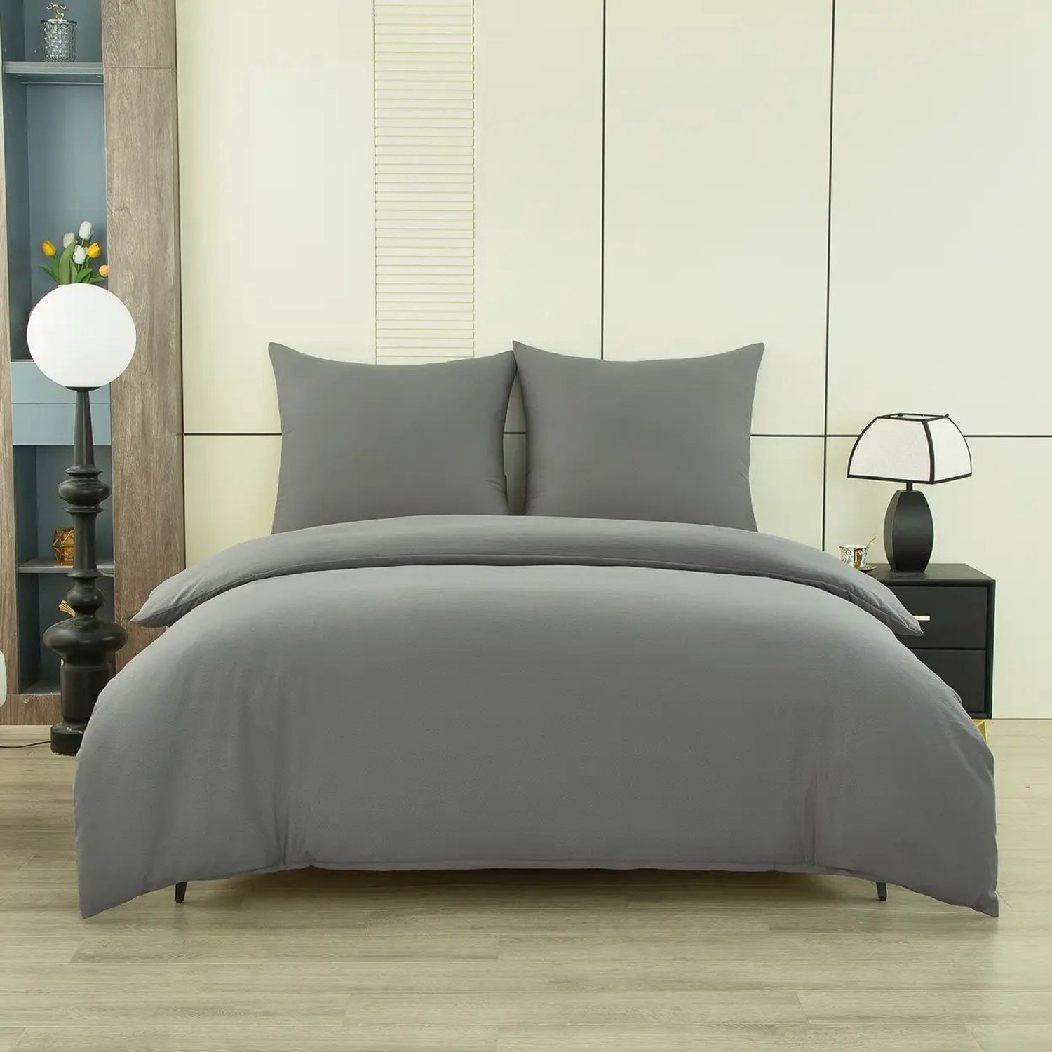 Dekbedovertrek 155x220 cm met 2 Kussenslopen 80x80 cm - Effen Donkergrijs - Imitatie Gewassen Katoen - Met Rits