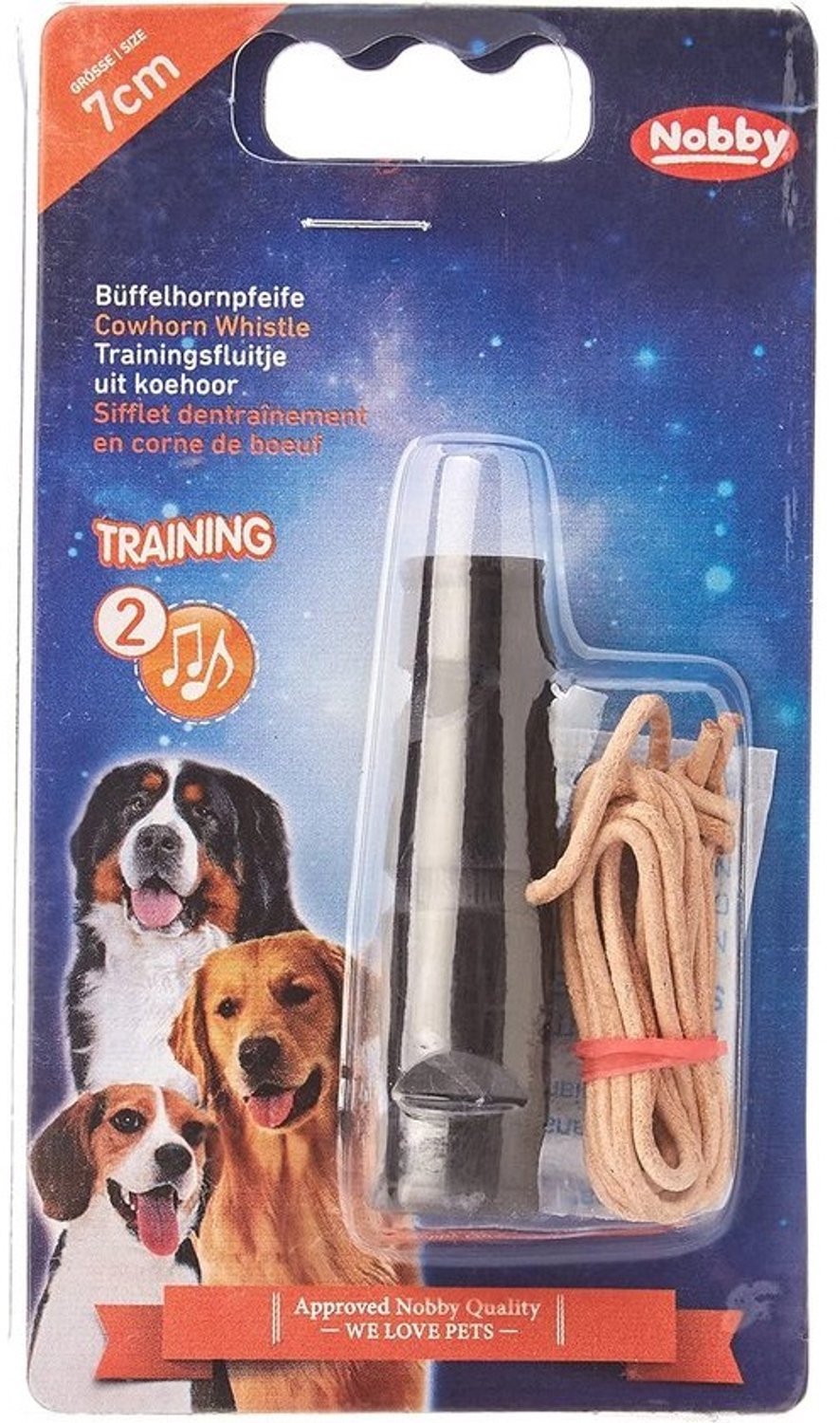 Tweekleurig buffelhoornfluitje voor honden - 7 cm