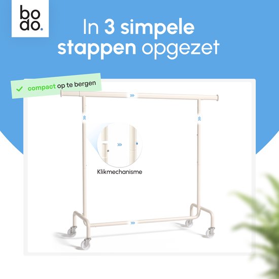 Afbeelding toont het klikmechanisme van het crème kledingrek voor eenvoudige montage in 3 stappen.