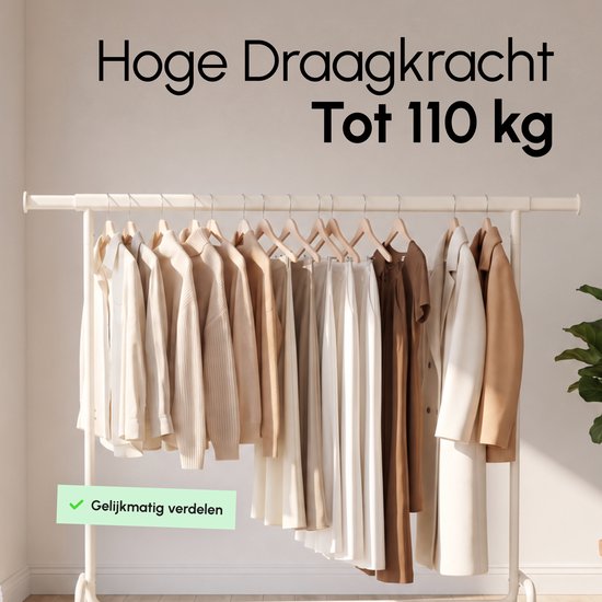 Crème kledingrek op wieltjes volgehangen met kleding in lichte tinten. Tekst: Hoge draagkracht, tot 110 kg.