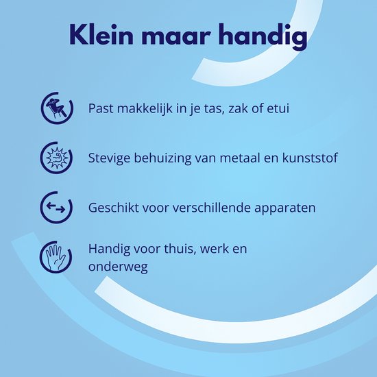 Klein en handig: past in tas of zak, stevig metaal/kunststof ontwerp, voor thuis en onderweg.