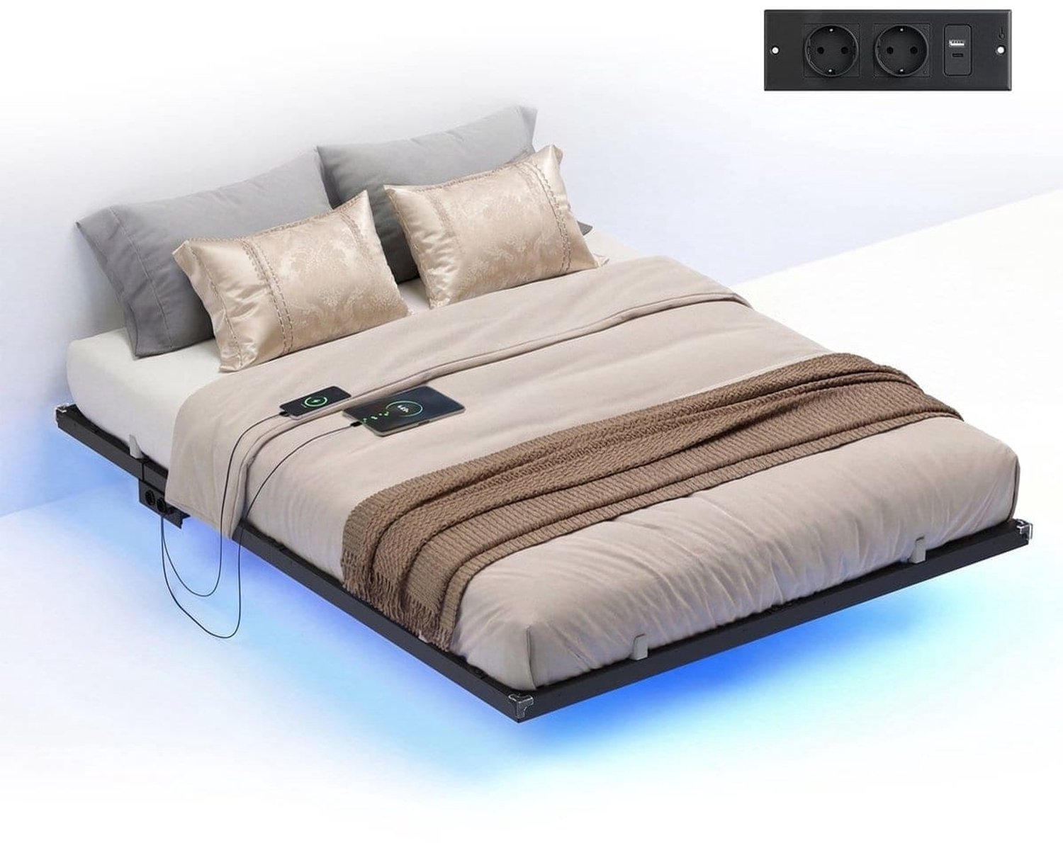 Klarven Bedframe Inktzwart - Bedframe 140x200 - Zwevend Bed - Metalen Bed - LED-verlichting met Afstandsbediening - Stekkerdoos met USB en Stopcontacten - 140x200x26 cm