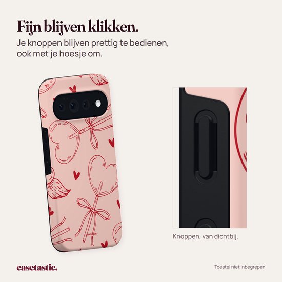 Roze hoesje met hartjes en detailopname van de zwarte knoppen. Tekst: Fijn blijven klikken.