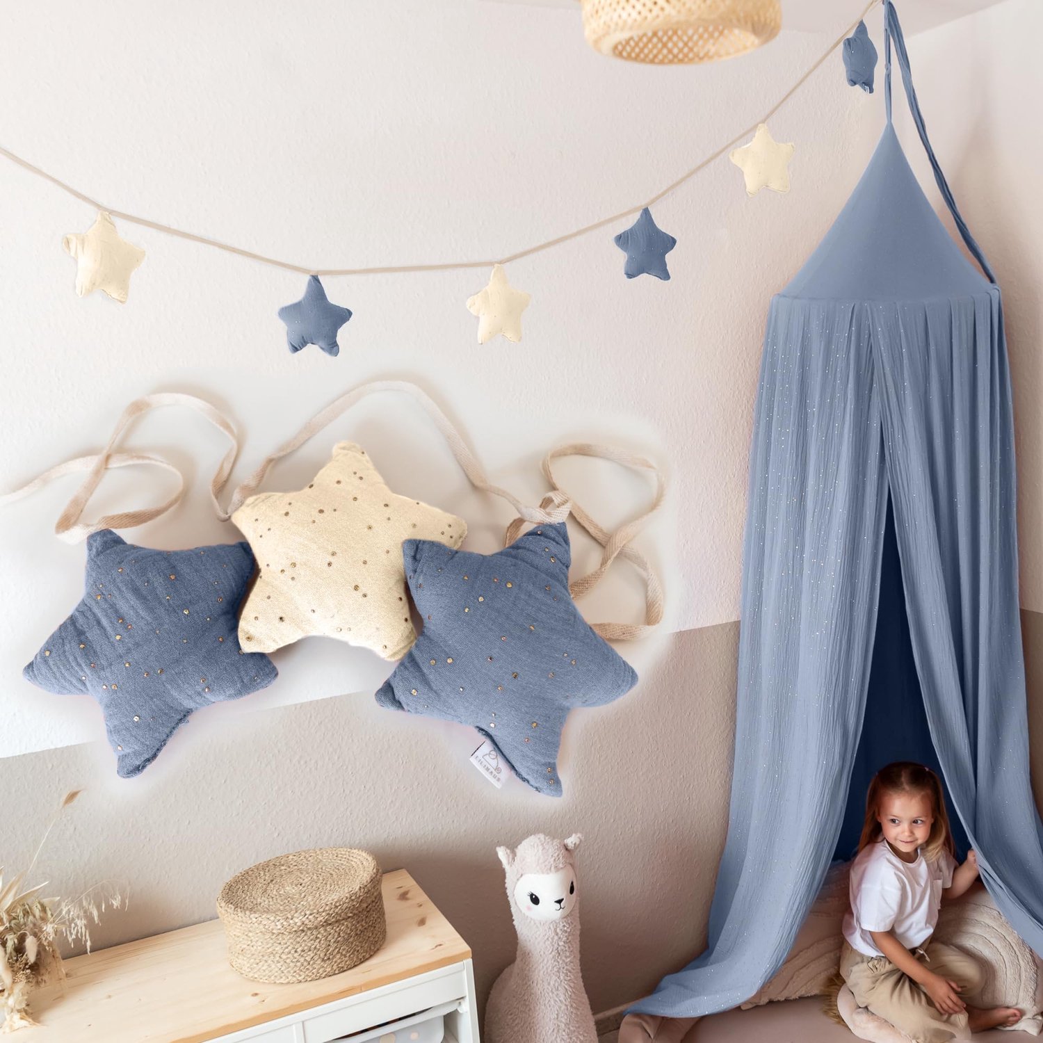 LILIMAUS Sterren slinger kinderkamer met gouden details - stoffen slinger van mousseline katoen - 300 cm - blauw en crème