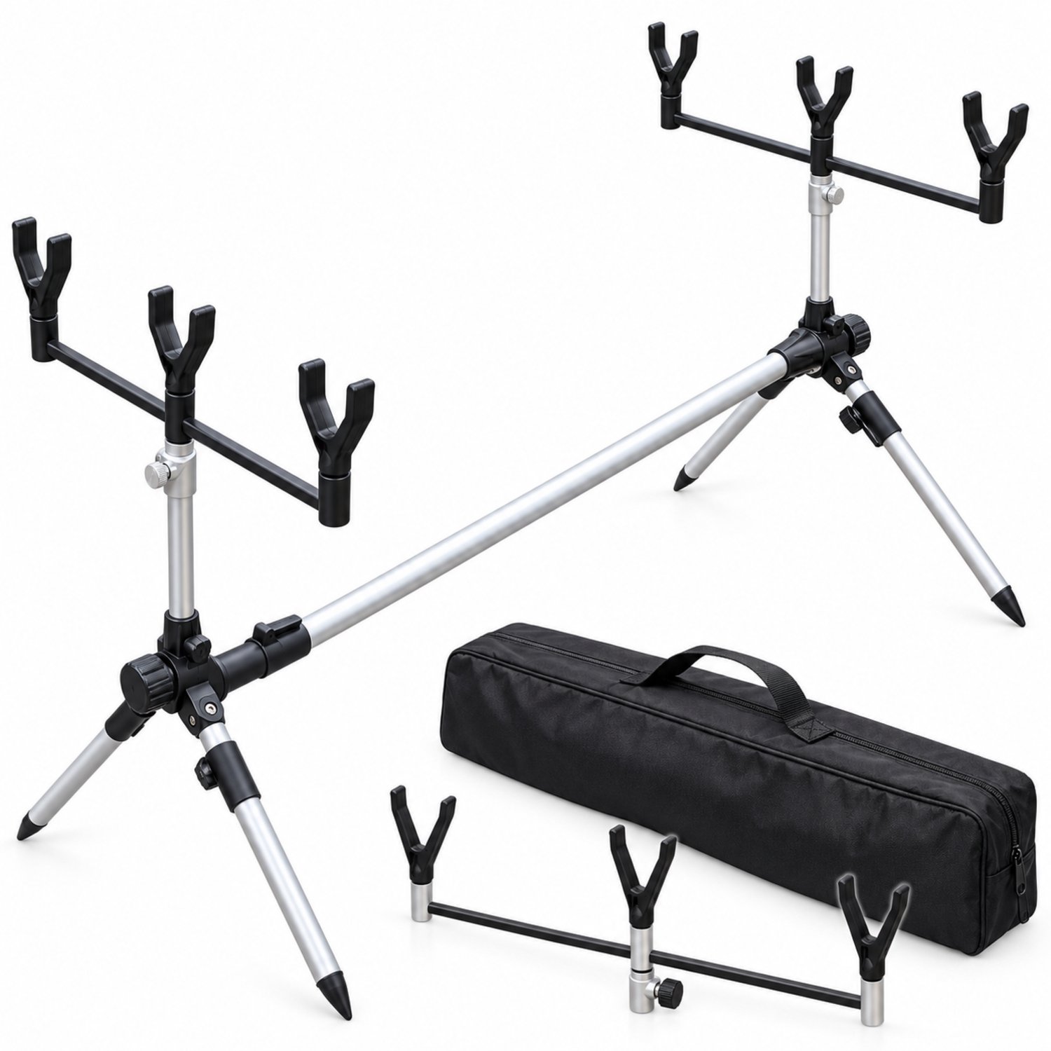 Noventra Hengelsteun voor 3 Hengels – Verstelbare Rod Pod – Hengelhouder voor Karpervissen – Rodpod Verstelbaar 69-115 cm – Inclusief Draagtas – Zilver/Zwart