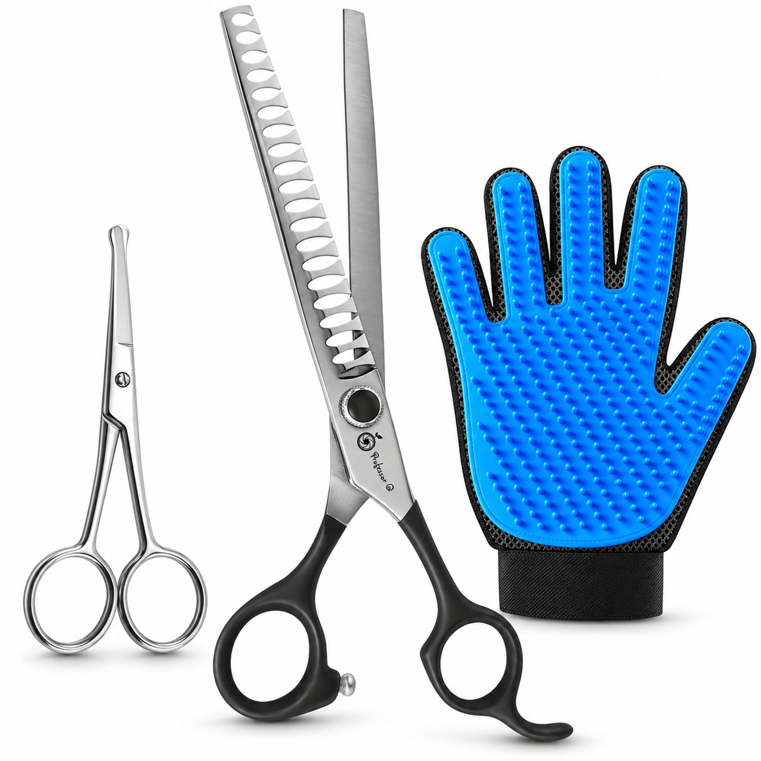 Professor Q Hondentrimset - Chunkerschaar 8 inch Zilver - Potenschaar Zilver en Vachthandschoen Blauw - 3-delig