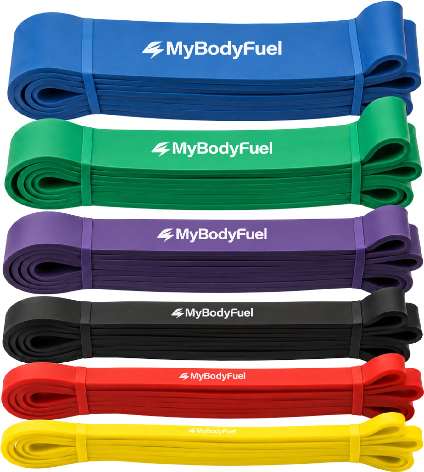 MyBodyFuel - Weerstandsbanden Set 6 Stuks - Power Bands - Fitness Elastiek - Resistance Bands voor Pull Ups, Krachttraining & Stretching - 2-80 kg - Geel, Rood, Zwart, Paars, Groen & Blauw
