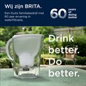 Brita Marella waterfilterkan, groen met witte deksel, buiten op tafel. Tekst 'Drink better. Do better.'