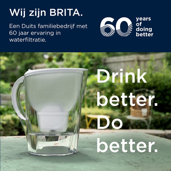 Brita Marella waterfilterkan, groen met witte deksel, buiten op tafel. Tekst 'Drink better. Do better.'