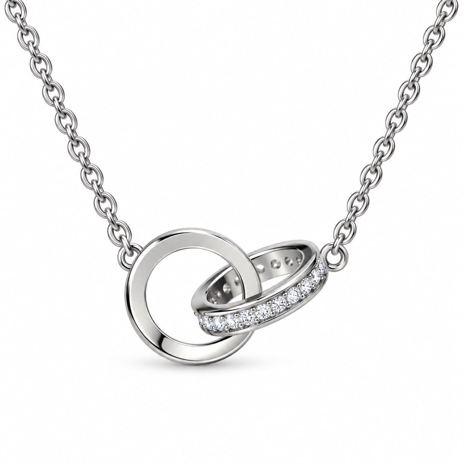 Ketting met twee ringen en zirkonia - Dames Ketting - 43 cm - 925 Zilver - Zilverkleurig