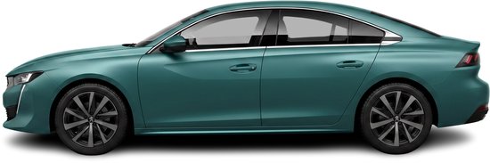 Zijprofiel van een turquoise Peugeot 508 berline met donkere velgen op een zwarte achtergrond.