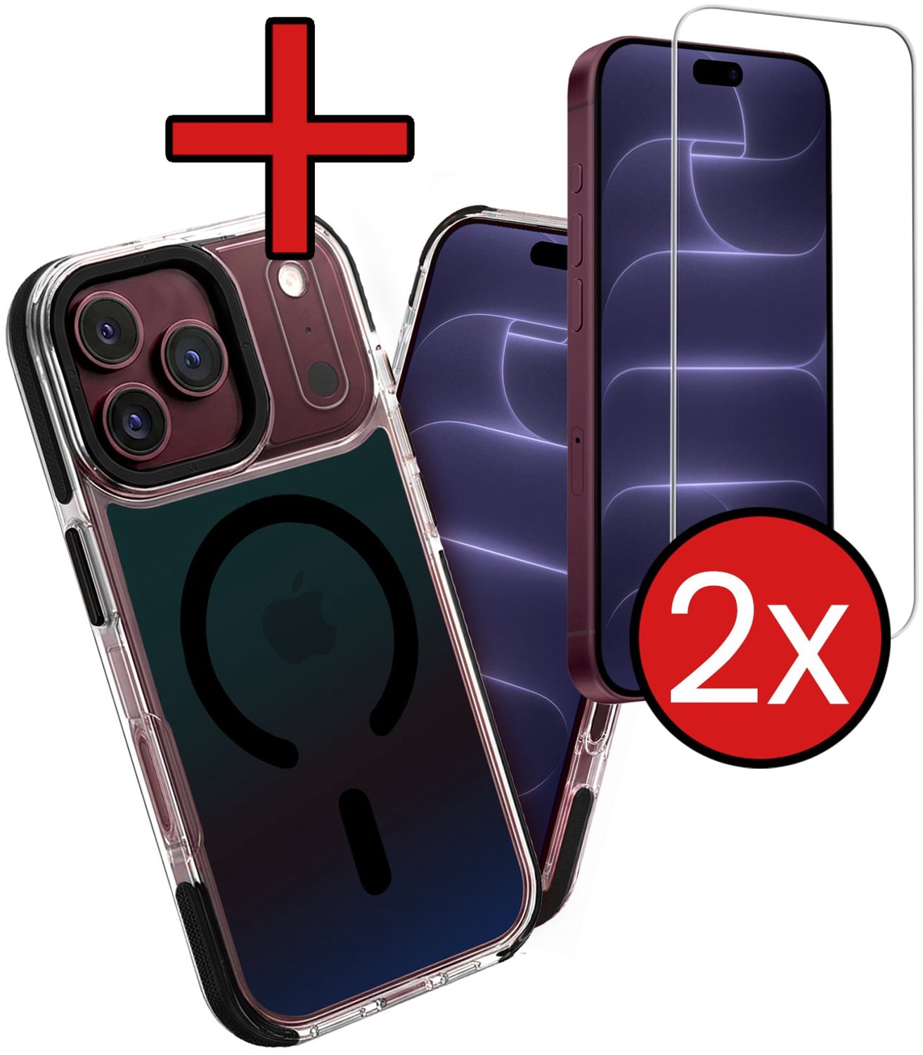 Hoesje - Met 2x Screenprotector - Geschikt voor Apple iPhone 18 Pro Max - Magsafe Compatible - Holographic - Sterk & Shockproof - Shock Proof Case - Back Cover - Telefoon Hoes - Telefoonhoes - Zwart