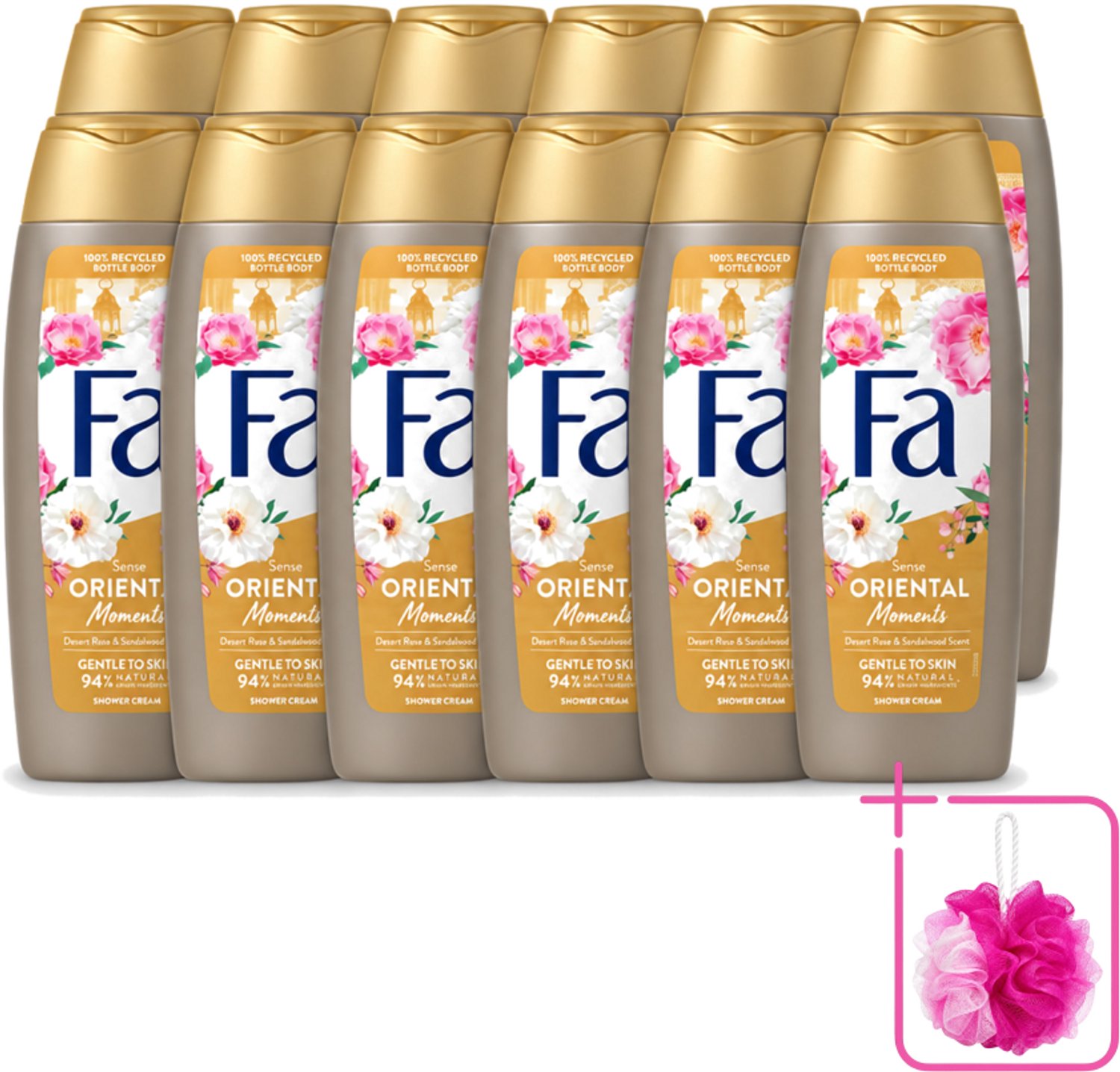 12 x Fa - Oriental Moments - Douchecrème - Woestijnroos & Sandelhout - 250 ml - Bulkverpakking - Douchecrème - Douchemop - Woestijnroos