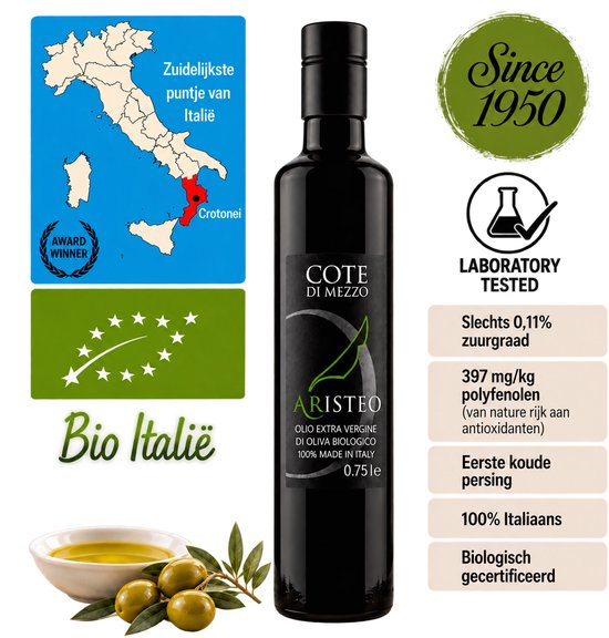 Zwarte fles Aristeo biologische extra vierge olijfolie, met de tekst 'Cote di Mezzo' en 'Aristeo'. Links een kaart van Italië met Crotone gemarkeerd.