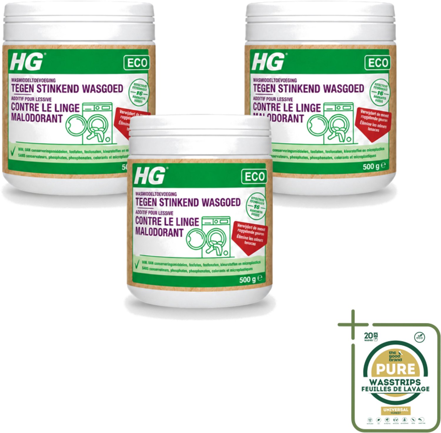 3 x HG ECO - Wasmiddeltoevoeging Tegen Stinkend Wasgoed - Effectieve Formule - 16 Wasbeurten - 500 g - Wasstrips - Wasmiddel - Stankmoleculen - Wasgoed - Wasmiddeltoevoeging - Stinkend Wasgoed