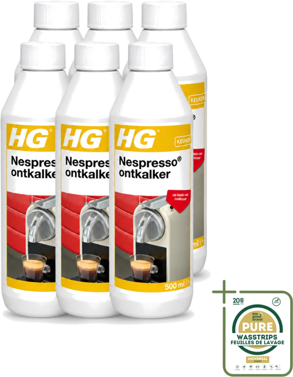 6 x HG - Nespresso Ontkalker - Op Basis Van Melkzuur - 4 tot 5 Reinigingsbeurten - 500 ml - Wasstrips - Ontkalken Nespresso Machine - Ontkalkmiddel - Melkzuur Ontkalker - Kalkvoorkomend - Biologisch Afbreekbaar
