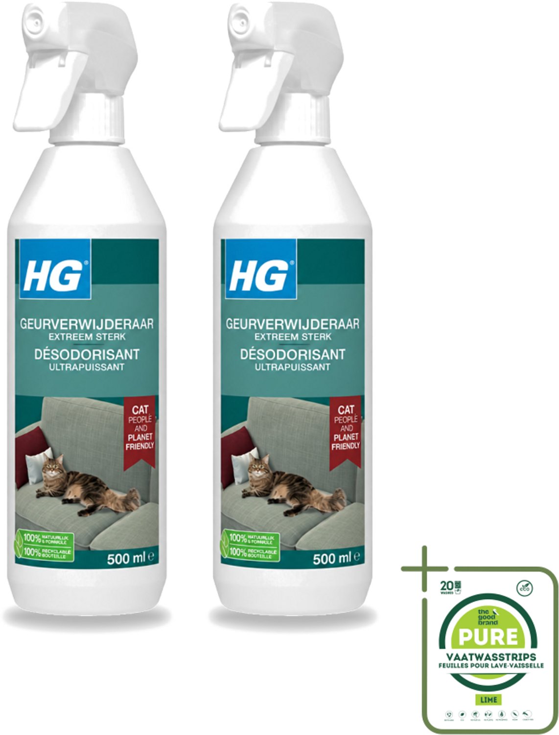 2 x HG - Geurverwijderaar - Extreem Sterk - Tegen Kattengeuren - 100% Biologisch - 500 ml - Grootverpakking - Vaatwasstrips - Geurverwijderaar Kat - Kattengeur - Geurverwijderaar - Geurverwijderaar Katten - Geurverwijderaar 500 Ml