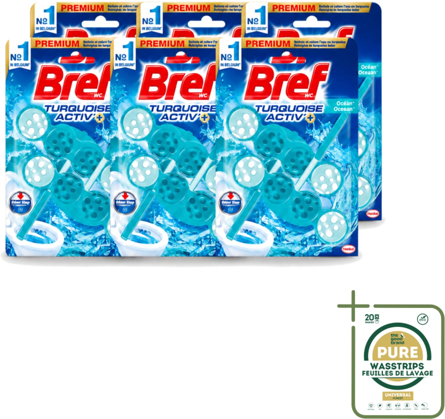6 x Bref WC - Turquoise Activ+ - Toiletblok - Oceaan - 2 Blokken - Wasstrips - Toilet - Toiletblok - Oceaanfrisheid - Reiniging - Anti-kalk