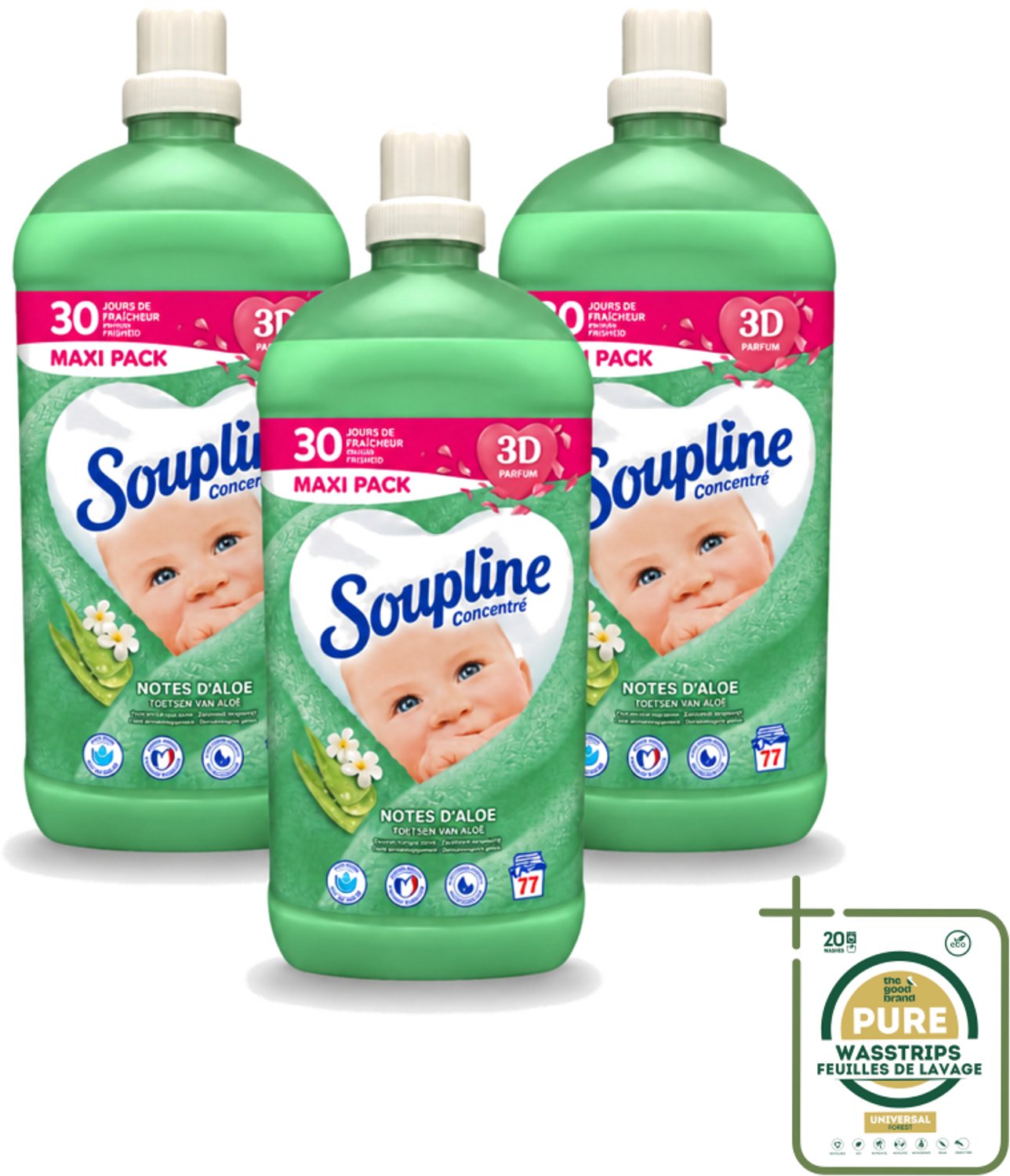 3 x Soupline - Wasverzachter - Aloë Vera Concentraat - 77 Wasbeurten - Wasstrips - Wasverzachter Aloë Vera - Wasverzachter Voor Kleding - Aloë Vera Wasverzachter - Zachte Wasverzachter - Wasverzachter Voor Gezin