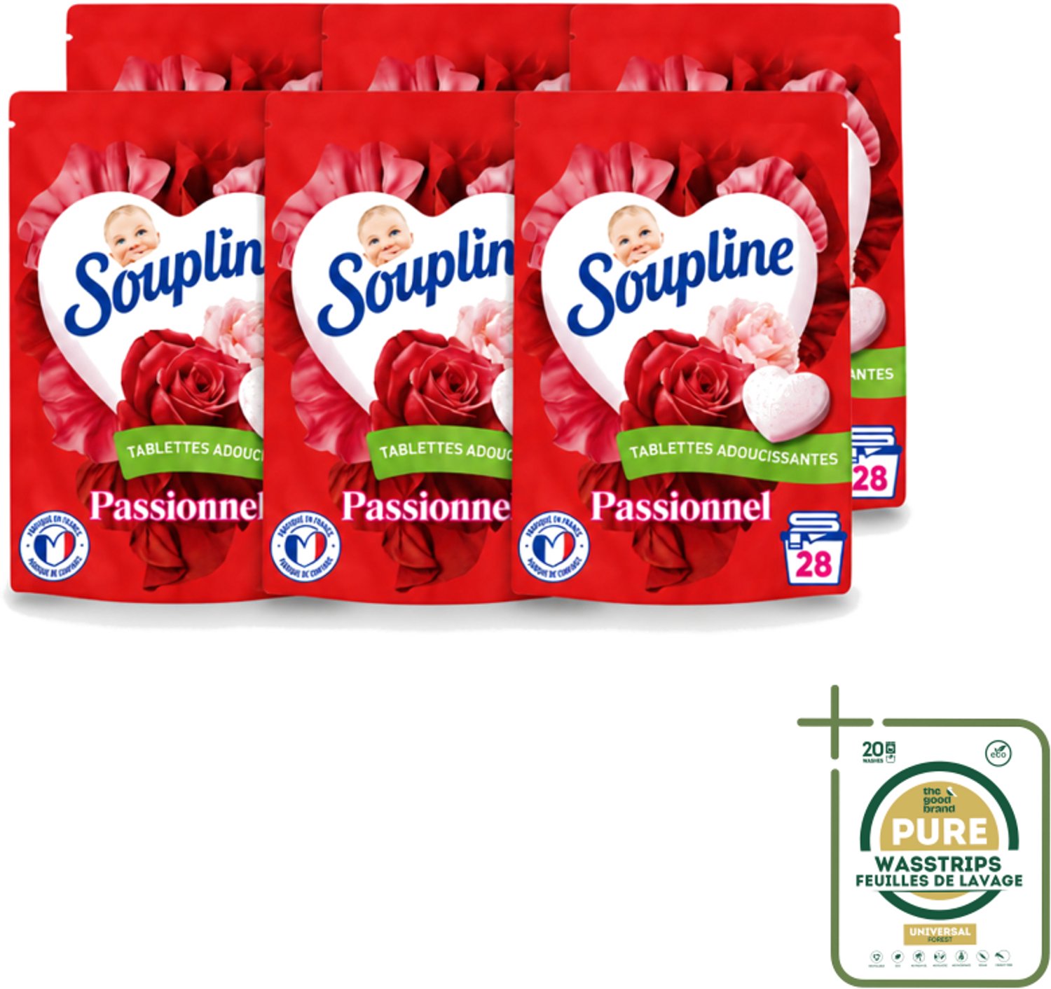 6 x Soupline – Wasverzachtertabletten – Harten Straling van Passiebloemboeket - 28 tabletten - Wasstrips - Wasverzachter Tablet - Wasverzachter In Tabletvorm - Rozengeur Wasverzachter - Verzachte Wasverzachter - Wasverzachter Voor Kleding