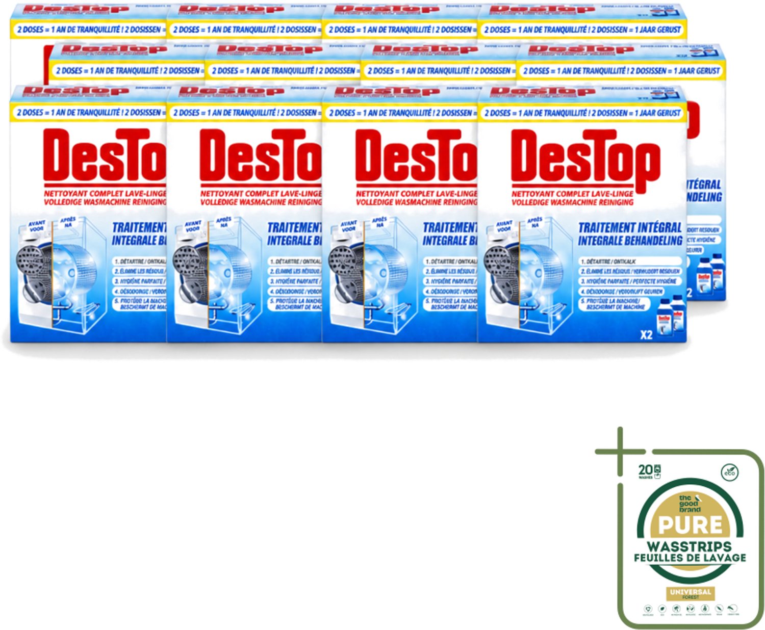 12 x Destop - Wasmachine reiniger - Integrale Behandeling - Duopack - Wasstrips - Wasmachine Reiniger - Kalkverwijdering - Wasmachine Reinigen - Wasmachine Hygiëne - Wasmachine Onderhoud