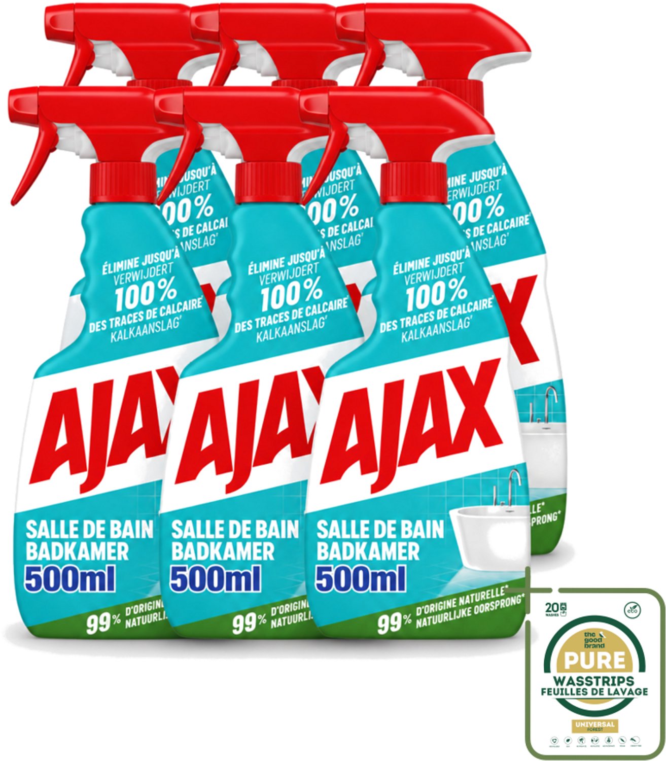 6 x Ajax – Badkamer Spray – 500 ml - Wasstrips - Badkamer Reinigen - Kalk Verwijderen - Zeepresten Verwijderen - Badkamer Schoonmaken - Anti-kalk Spray