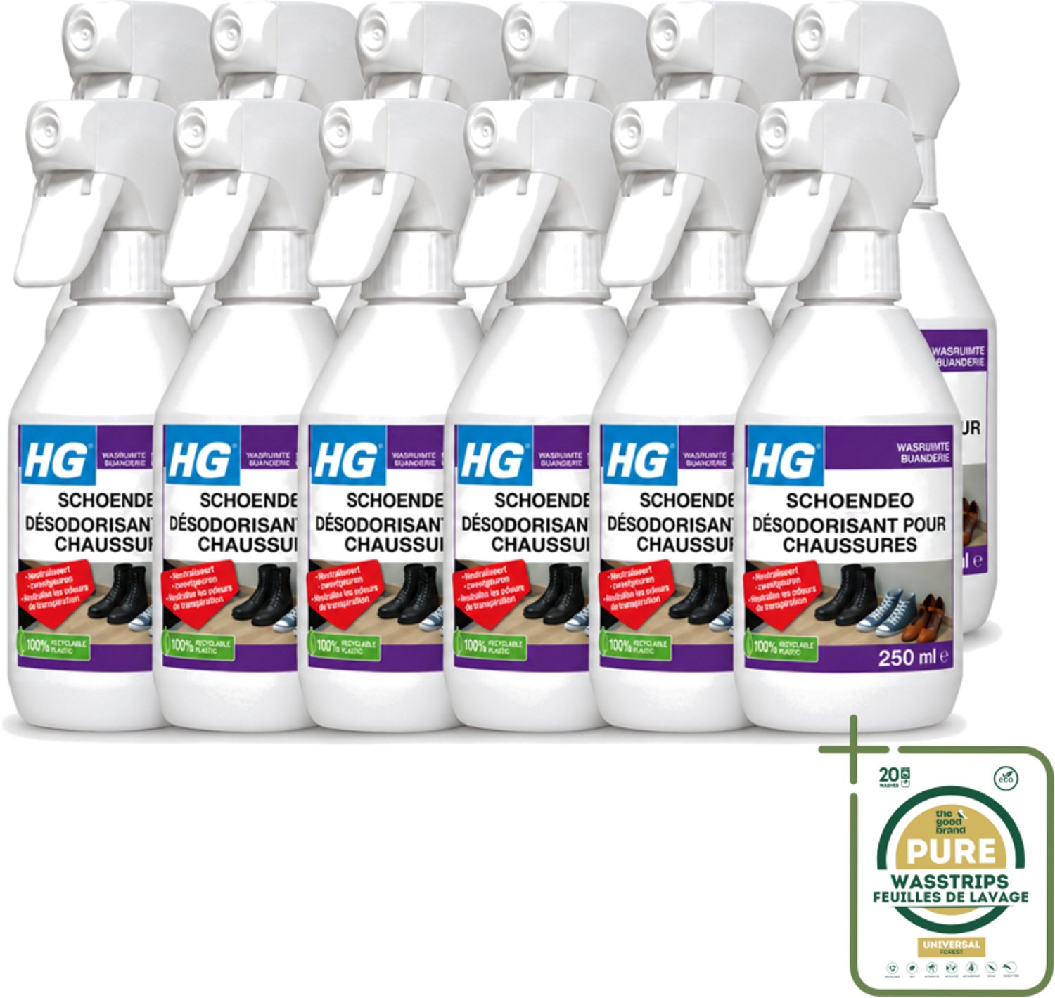 12 x HG - Schoendeo - Neutraliseert Zweetgeuren - Gemakkelijk in Gebruik - 250 ml - Wasstrips - Schoenen Geur - Transpiratiegeur - Schoendeo - Schoenen Reinigen - Schoenen Fris