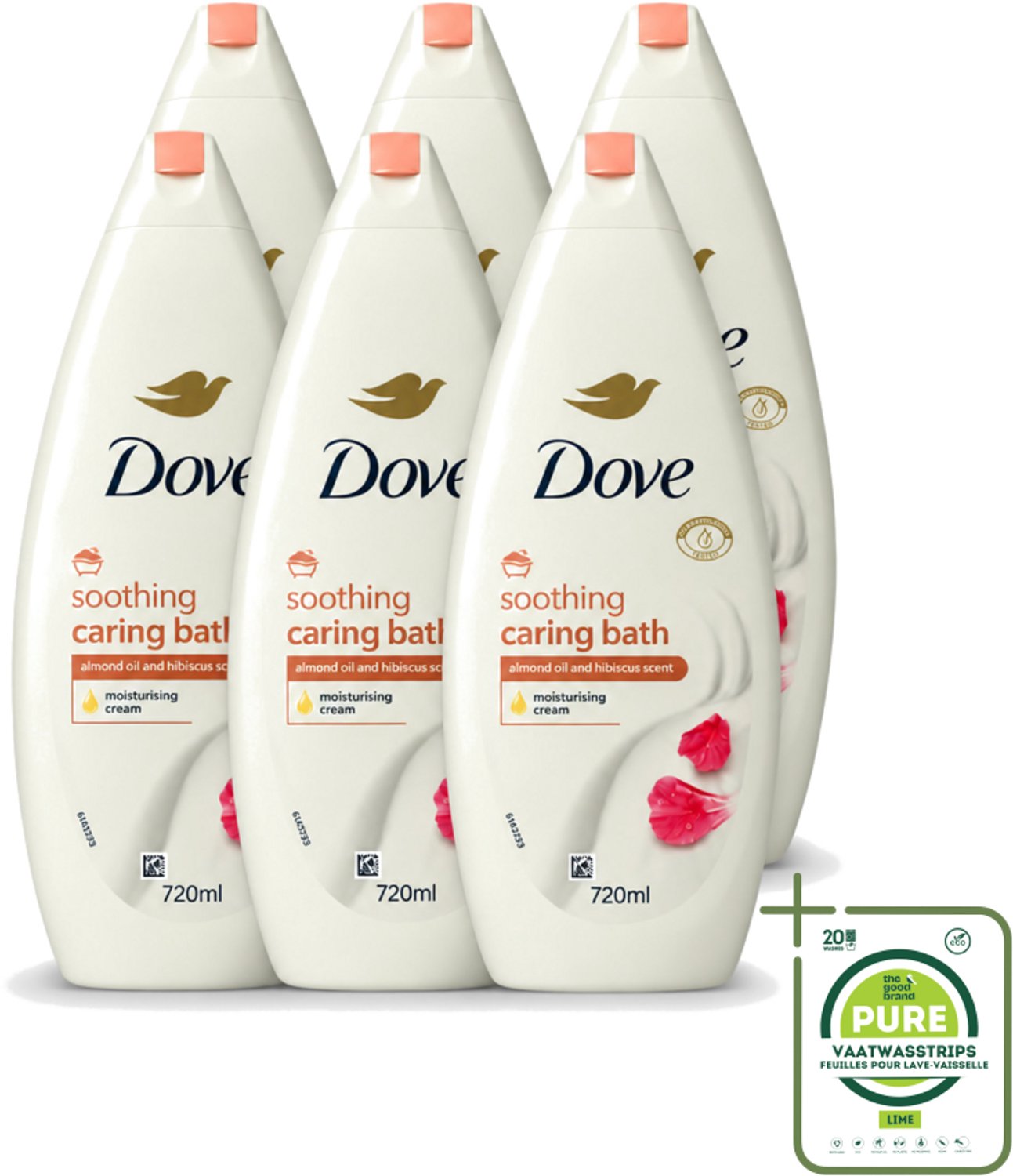 6 x Dove – Badcrème – Soothing Almond Oil & Hibiscus – 720 ml - Grootverpakking - Vaatwasstrips - Douchegel - Huidverzorging - Kalmerend - Schuim - Amandelolie