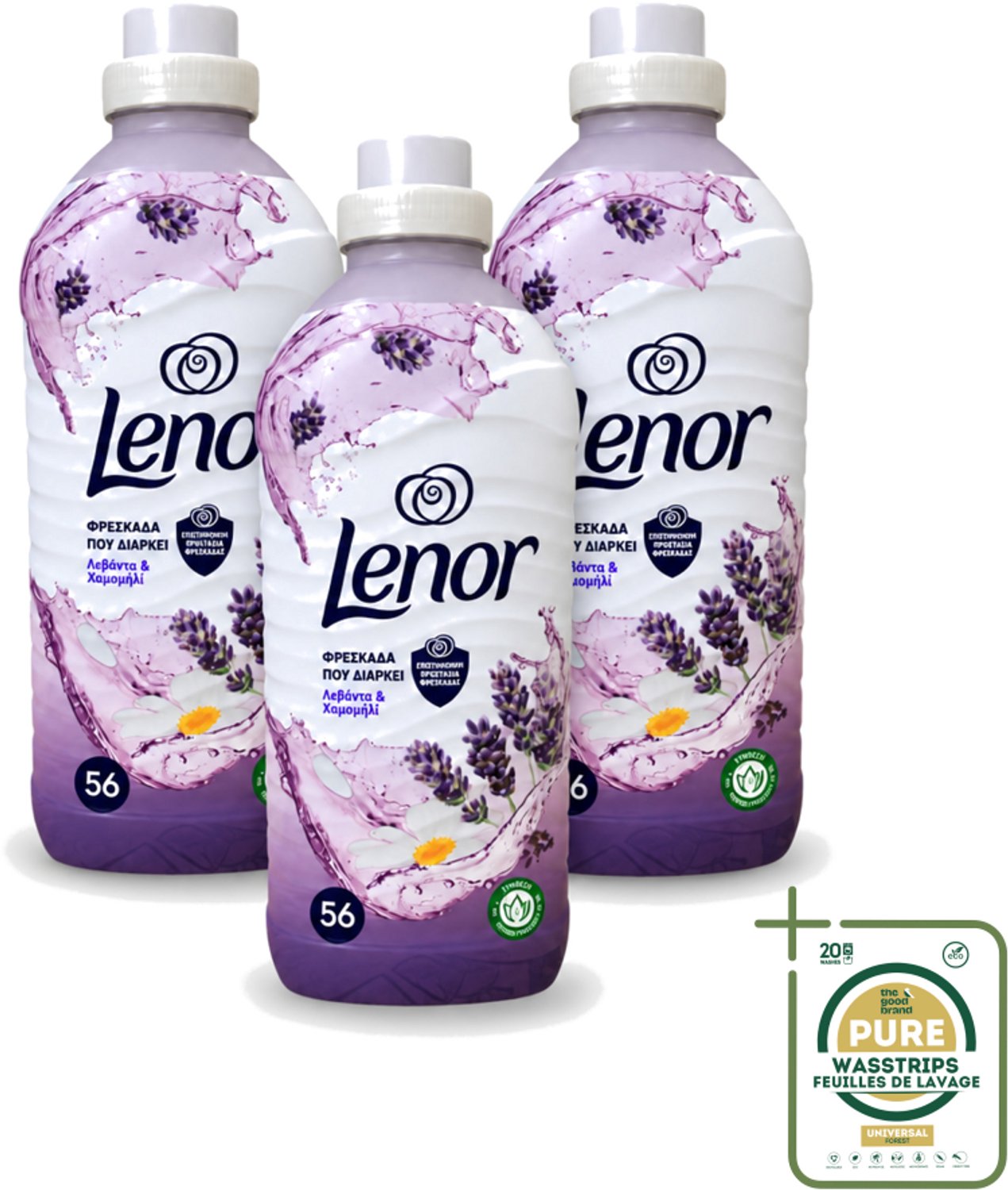 3 x Lenor – Wasverzachter – Lavender & Kamille – 56 Wasbeurten – 1176 ml - Wasstrips - Wasverzachter - Lavendel - Kamille - Wasgeur - Wasverzachting