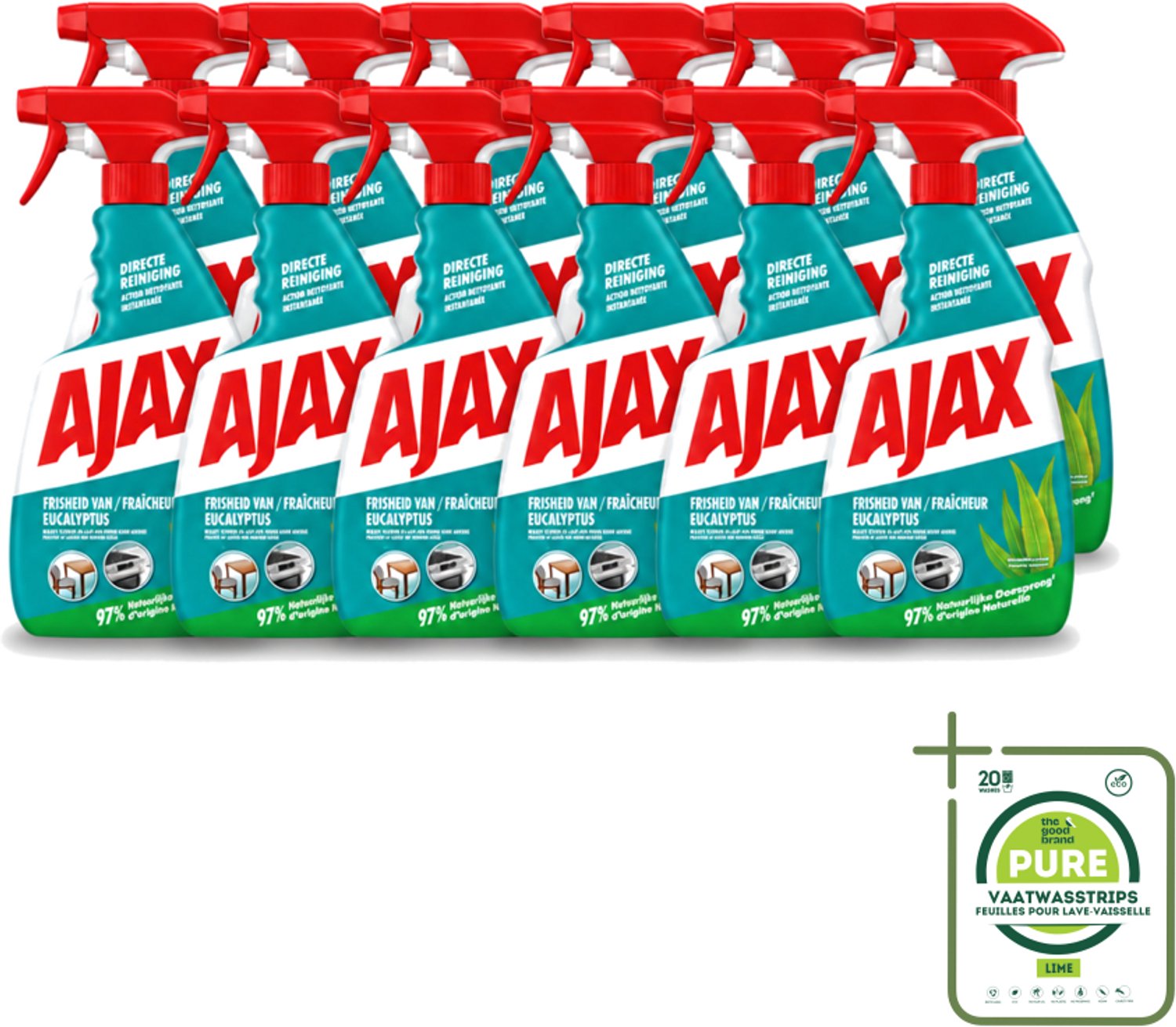 12 x Ajax – Multi-Purpose Spray – Eucalyptus – 750 ml - Grootverpakking - Vaatwasstrips - Schoonmaak Spray - Eucalyptus Reiniger - Allesreiniger - Krachtige Reiniger - Multi-purpose Spray