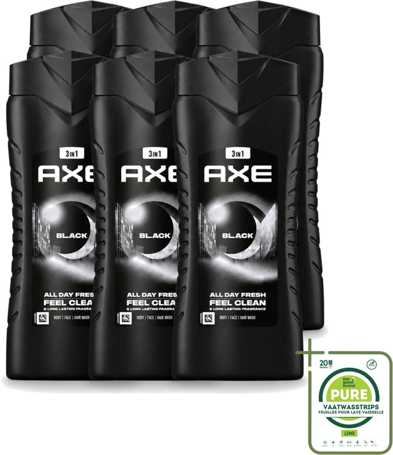 6 x Axe XL - 3-in-1 Douchegel - Black - Frozen Pear & Cedarwoord - 12hrs Long Lasting Scent - 400 ml - Grootverpakking - Vaatwasstrips - Douchegel - Lichaam - Gezicht - Haar - Frisheid
