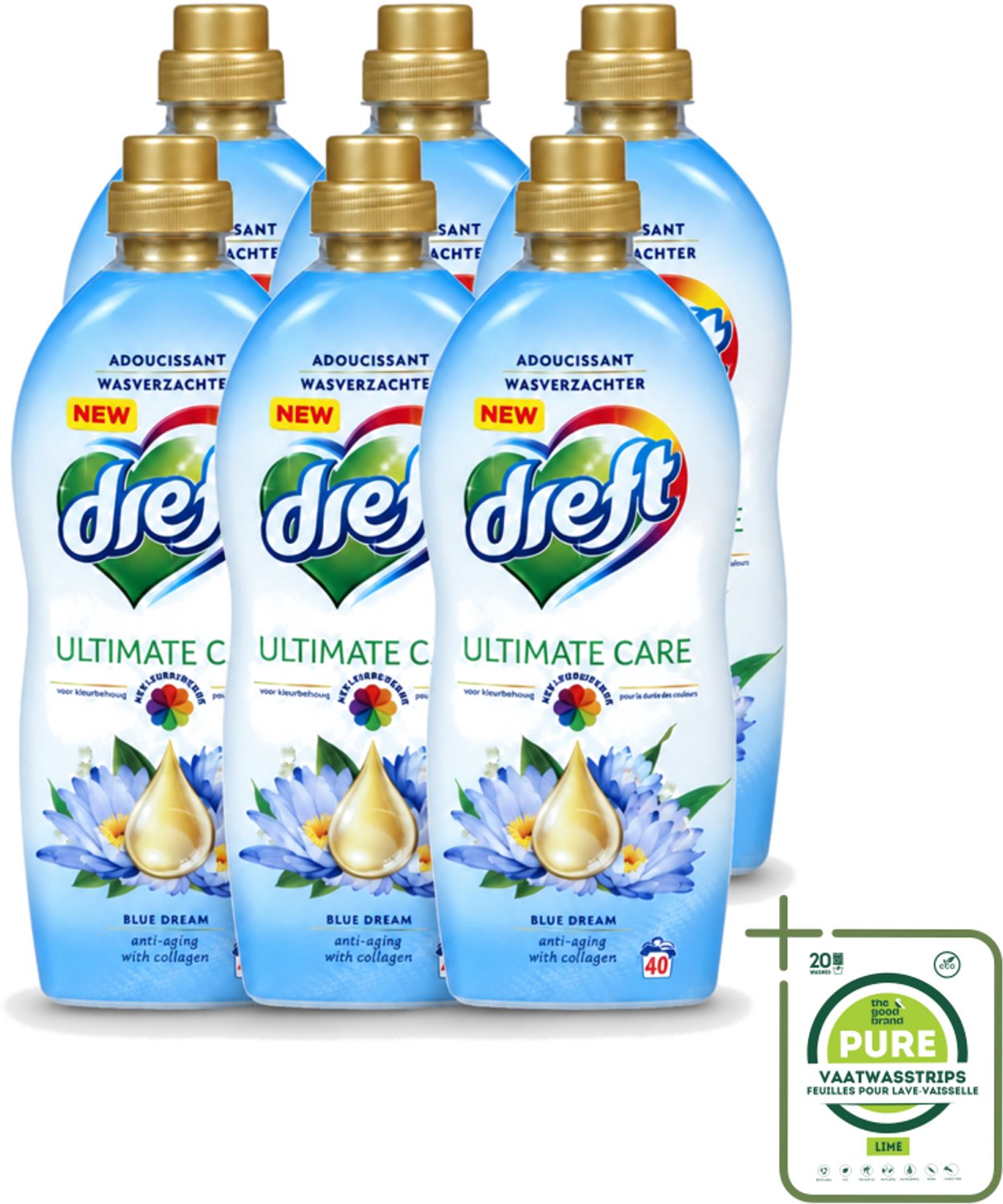 6 x Dreft - Wasverzachter - Gekleurde Was - Blauwe Droom - Anti-Veroudering - 40 Wasbeurten - Grootverpakking - Vaatwasstrips - Wasverzachter - Anti-aging - Kleurbescherming - Wasgoed - Kleding Verzorging